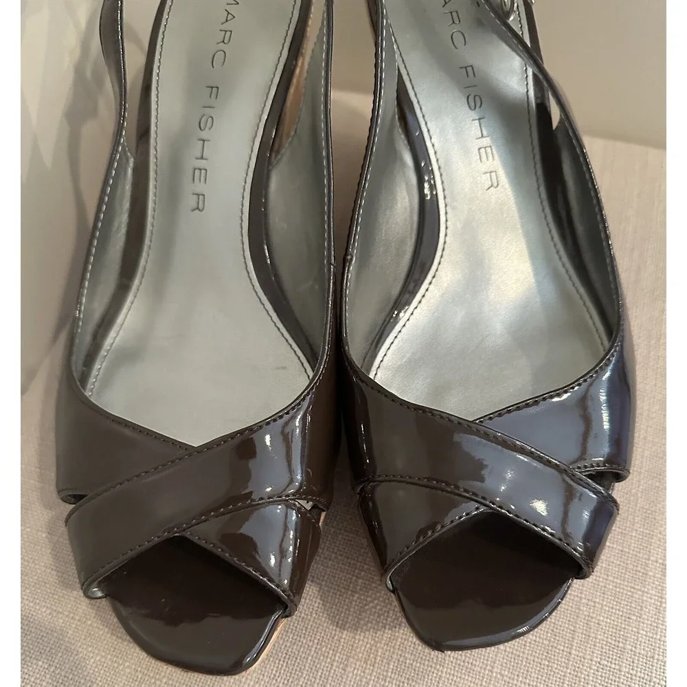 Marc Fisher Brown Patent Faux Leather Cork Wedges,‎ Open Toe, Size 8.5M